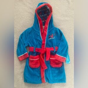 Spiderman Little Boy Size 4 Superhero Soft Plush Blue Red Hood Bath Robe NEW